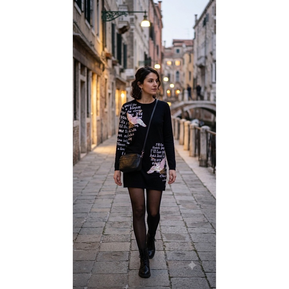 Comaekar Black Graphic T-Shirt Dress Sequin Crane Bird Script Long Sleeve Mini